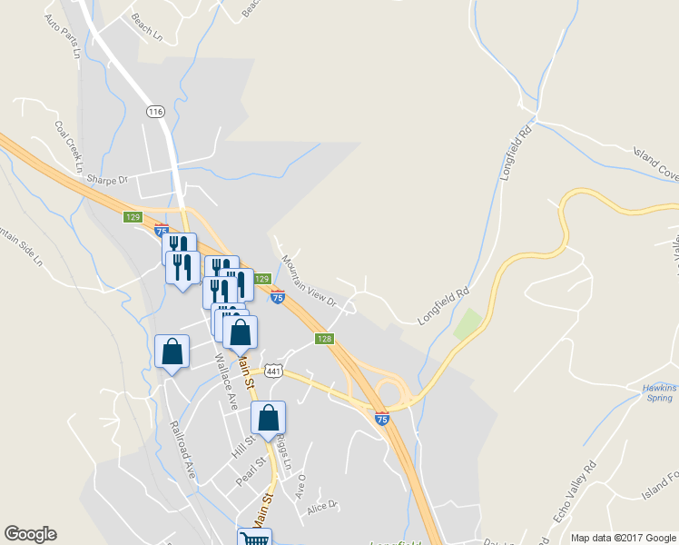 map of restaurants, bars, coffee shops, grocery stores, and more near 227 Longfield Road in Rocky Top