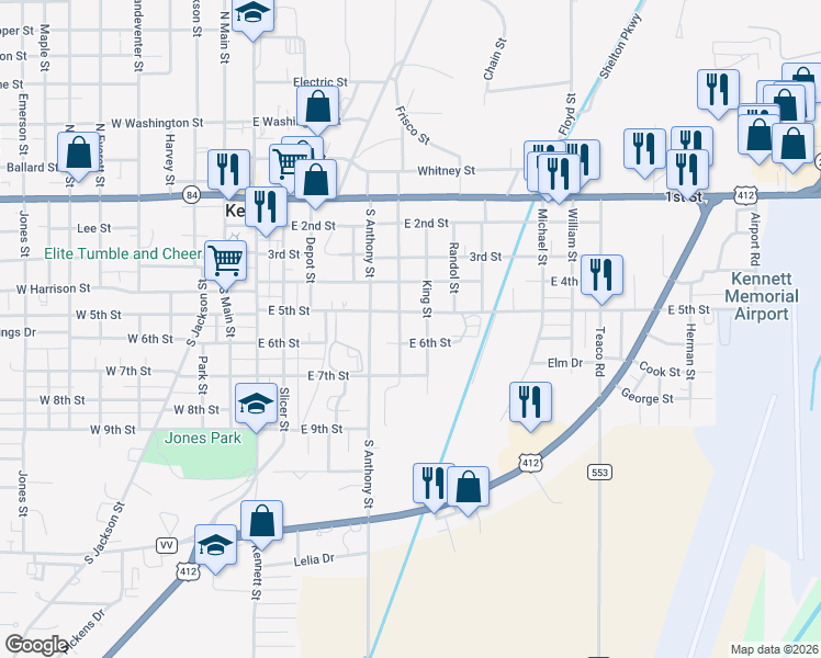 map of restaurants, bars, coffee shops, grocery stores, and more near 508 South Hopper Street in Kennett