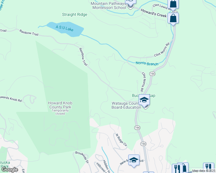 map of restaurants, bars, coffee shops, grocery stores, and more near 415 Rainbow Trail in Boone