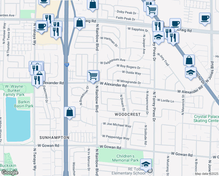 map of restaurants, bars, coffee shops, grocery stores, and more near 3941 North Coconut Court in Las Vegas