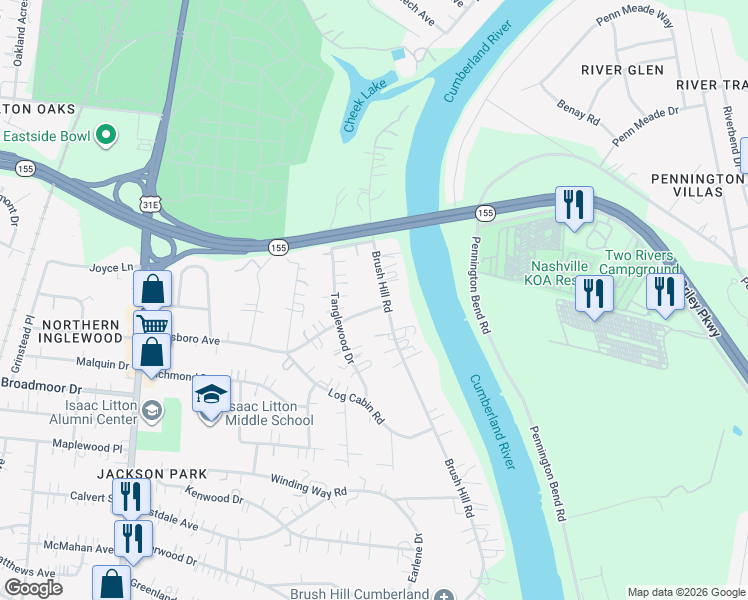 map of restaurants, bars, coffee shops, grocery stores, and more near 4301 Brush Hill Road in Nashville
