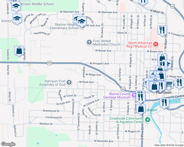 map of restaurants, bars, coffee shops, grocery stores, and more near 1025 West Ridge Avenue in Harrison