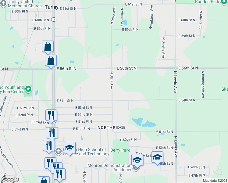 map of restaurants, bars, coffee shops, grocery stores, and more near 5429 North Utica Avenue in Tulsa