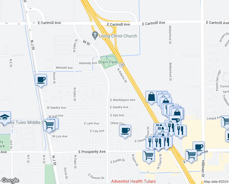 map of restaurants, bars, coffee shops, grocery stores, and more near 425 East Roosevelt Avenue in Tulare