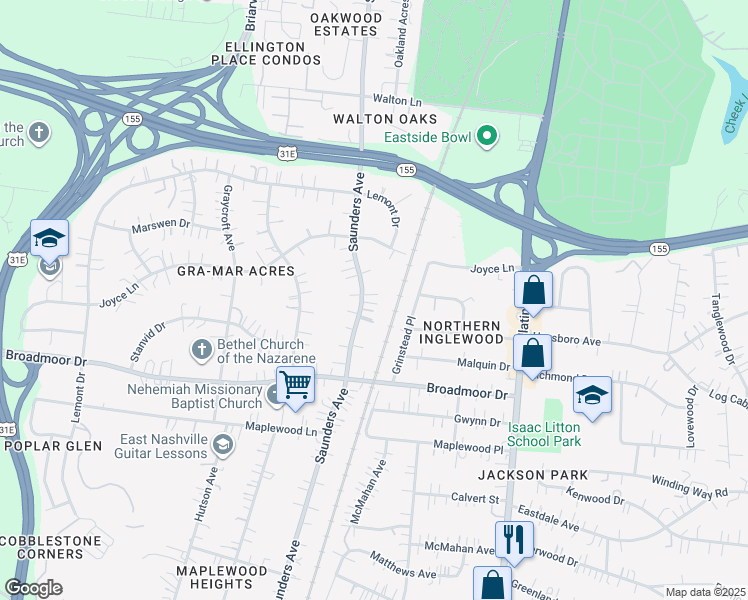map of restaurants, bars, coffee shops, grocery stores, and more near 4418 Saunders Avenue in Nashville