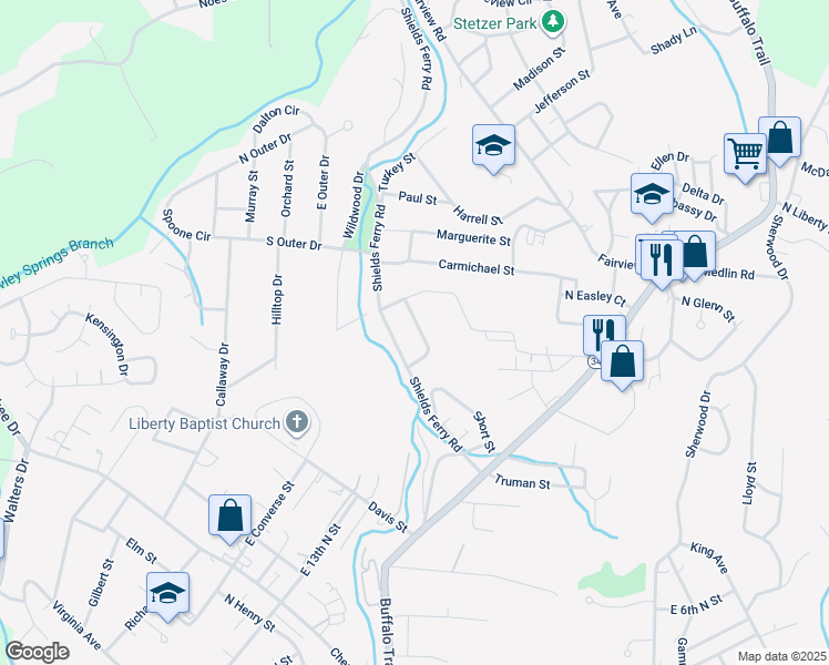 map of restaurants, bars, coffee shops, grocery stores, and more near 1674 Shields Drive in Morristown
