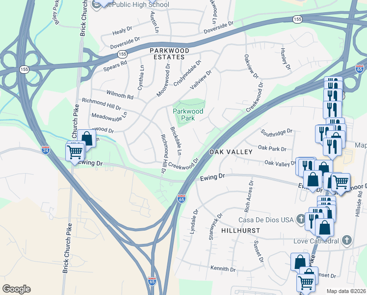 map of restaurants, bars, coffee shops, grocery stores, and more near 3110B Brickdale Ln in Nashville