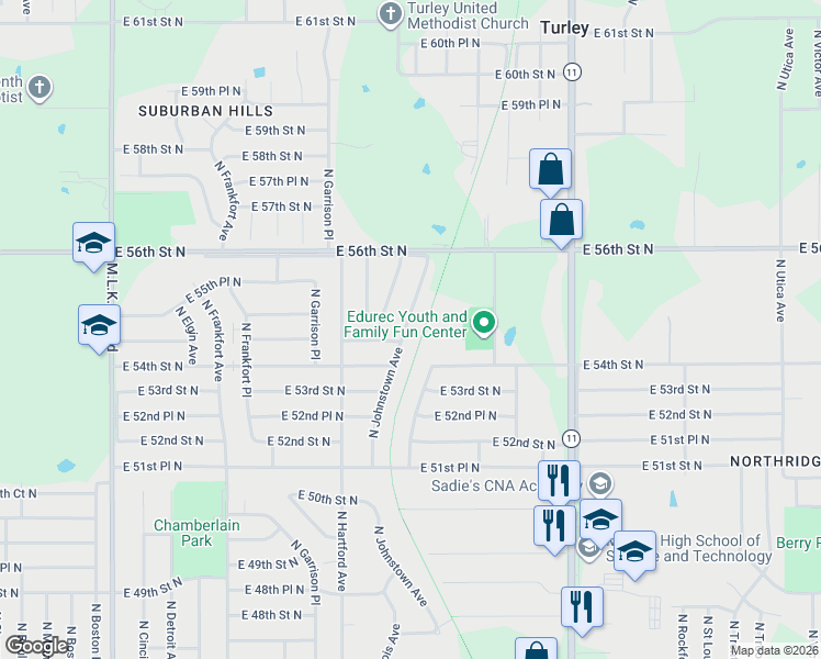 map of restaurants, bars, coffee shops, grocery stores, and more near 5437 North Johnstown Avenue in Tulsa