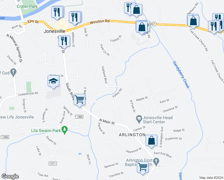 map of restaurants, bars, coffee shops, grocery stores, and more near 203 South Jonesville Boulevard in Jonesville