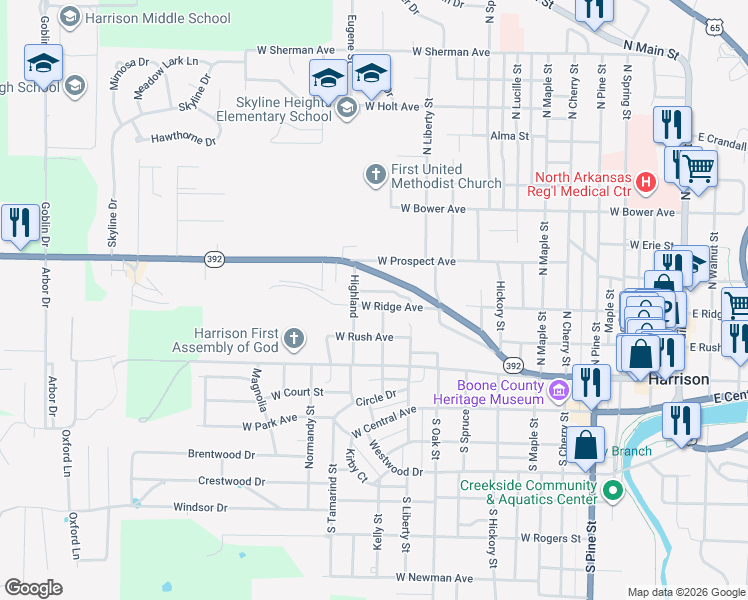 map of restaurants, bars, coffee shops, grocery stores, and more near 1025 West Ridge Avenue in Harrison