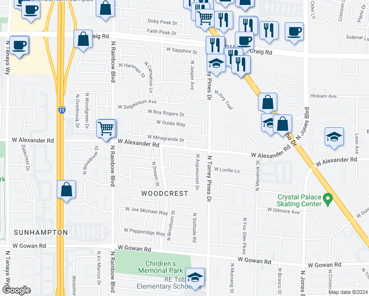 map of restaurants, bars, coffee shops, grocery stores, and more near West Alexander Road in Clark County