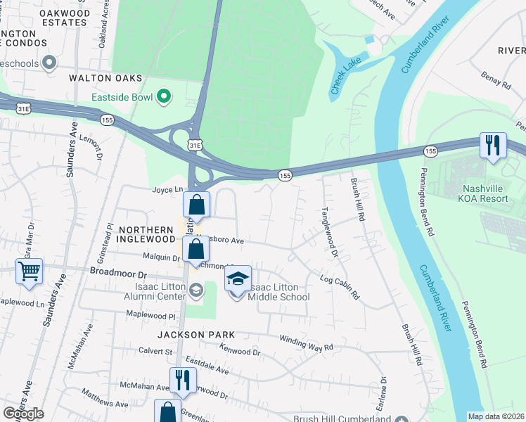 map of restaurants, bars, coffee shops, grocery stores, and more near 4905 Ruskin Avenue in Nashville