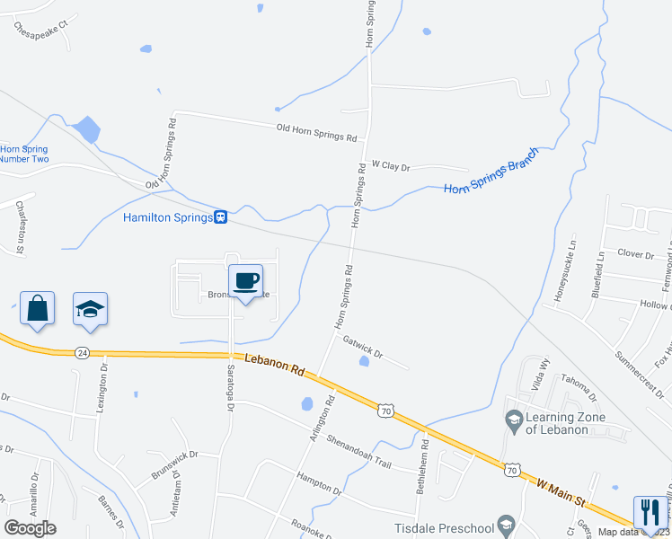 map of restaurants, bars, coffee shops, grocery stores, and more near 294 Horn Springs Road in Lebanon
