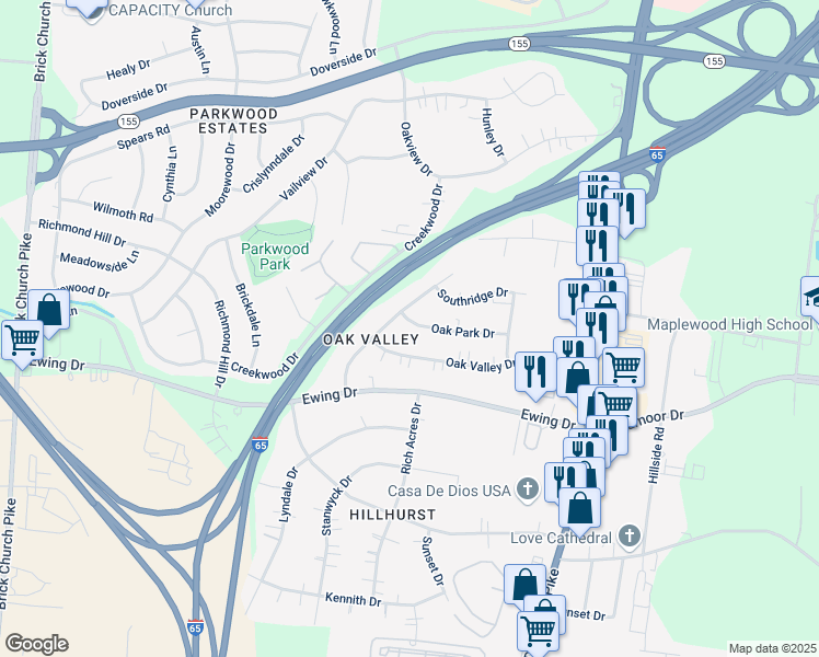 map of restaurants, bars, coffee shops, grocery stores, and more near 152 Oak Park Drive in Nashville