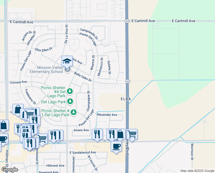 map of restaurants, bars, coffee shops, grocery stores, and more near 2001 Bella Oaks Drive in Tulare