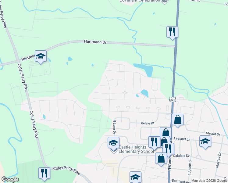 map of restaurants, bars, coffee shops, grocery stores, and more near 1500 Hunters Point Pike in Lebanon