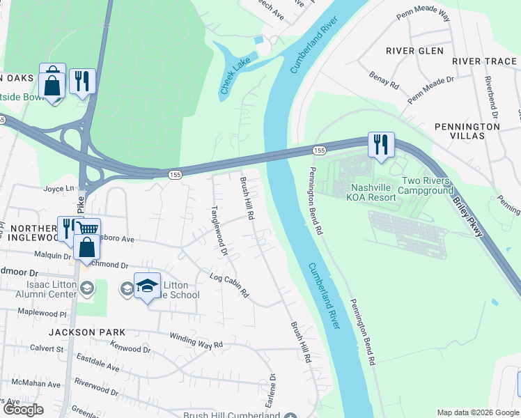 map of restaurants, bars, coffee shops, grocery stores, and more near 4300 Brush Hill Road in Nashville