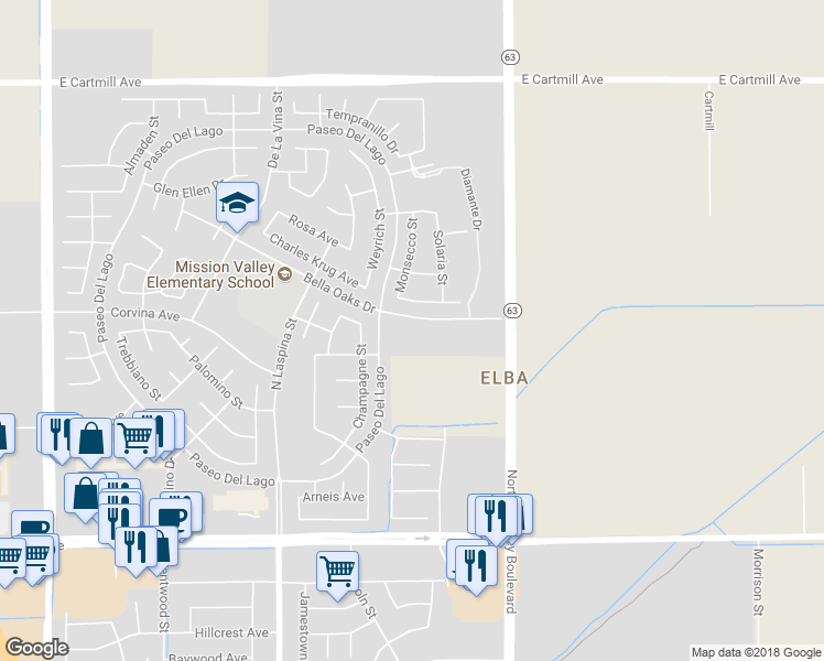 map of restaurants, bars, coffee shops, grocery stores, and more near 1943 Bella Oaks Drive in Tulare