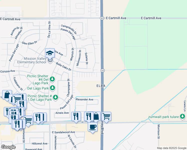 map of restaurants, bars, coffee shops, grocery stores, and more near 2103 Bella Oaks Drive in Tulare