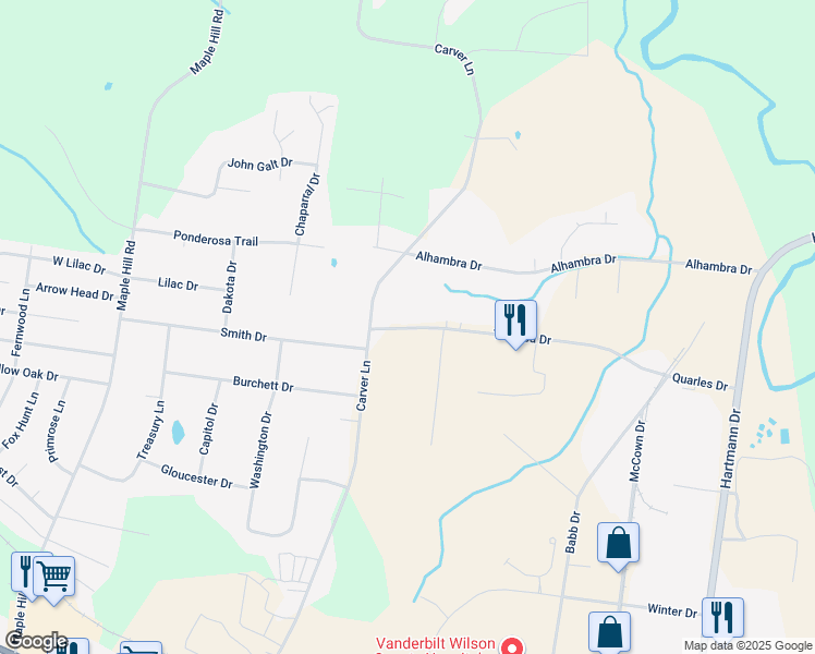 map of restaurants, bars, coffee shops, grocery stores, and more near 1443A Toshiba Drive in Lebanon