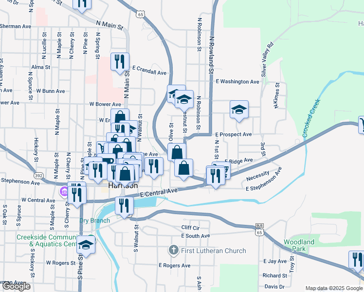 map of restaurants, bars, coffee shops, grocery stores, and more near 308 North Chestnut Street in Harrison