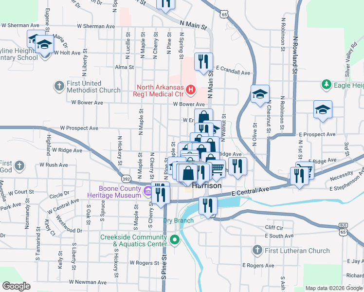 map of restaurants, bars, coffee shops, grocery stores, and more near 305 N Spring St in Harrison