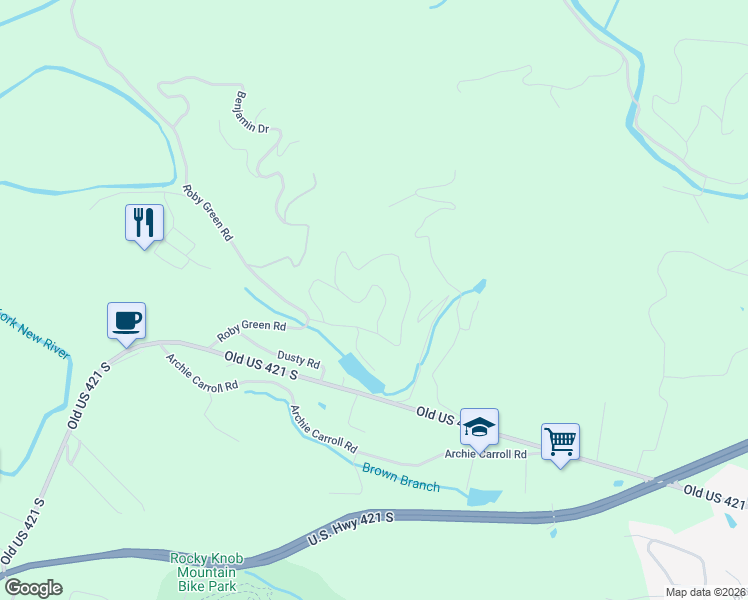 map of restaurants, bars, coffee shops, grocery stores, and more near 195 7 Oaks Road in Boone