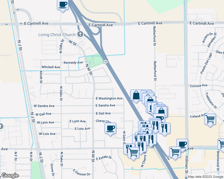 map of restaurants, bars, coffee shops, grocery stores, and more near 497 East Roosevelt Avenue in Tulare