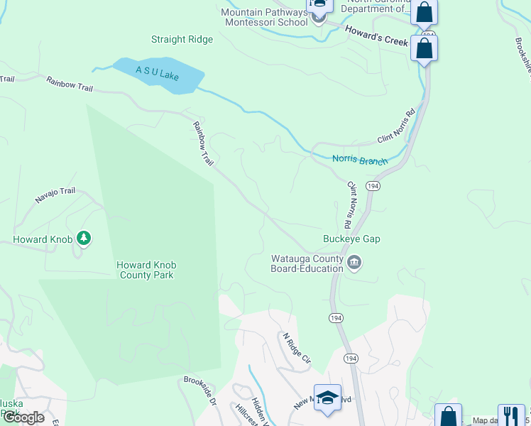 map of restaurants, bars, coffee shops, grocery stores, and more near 415 Rainbow Trail in Boone