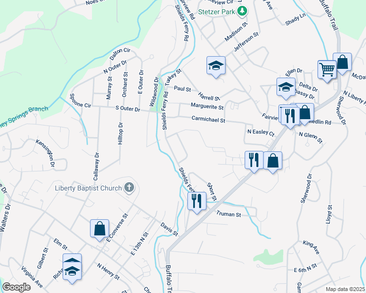 map of restaurants, bars, coffee shops, grocery stores, and more near 1674 Shields Drive in Morristown