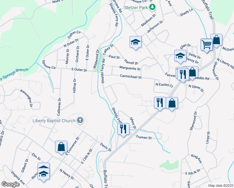 map of restaurants, bars, coffee shops, grocery stores, and more near 1674 Shields Drive in Morristown