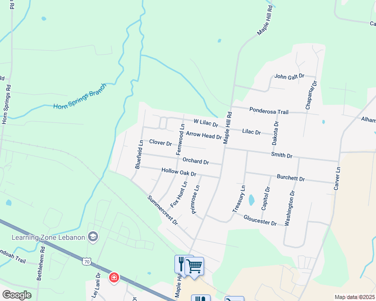 map of restaurants, bars, coffee shops, grocery stores, and more near 1716 Clover Drive in Lebanon