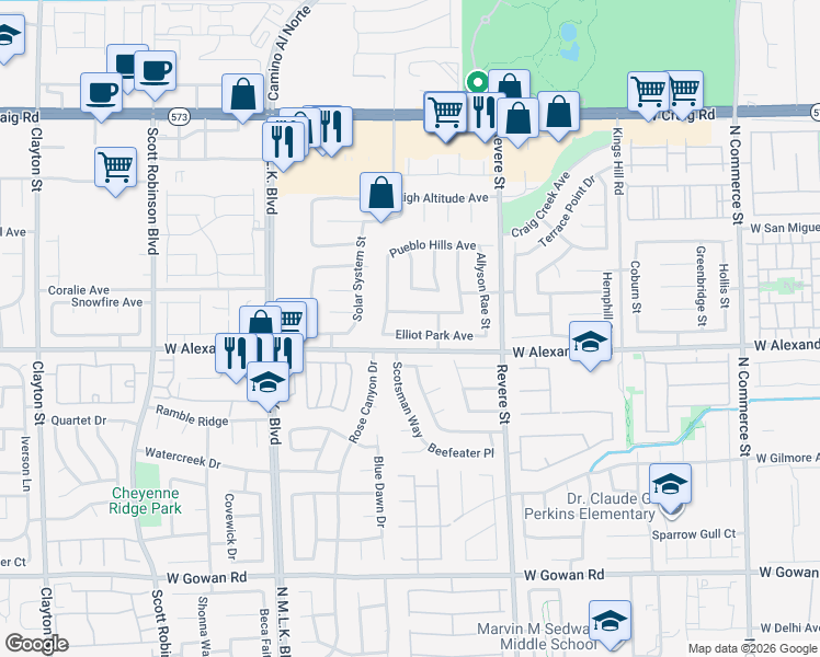 map of restaurants, bars, coffee shops, grocery stores, and more near 1106 Elliot Park Ave in North Las Vegas