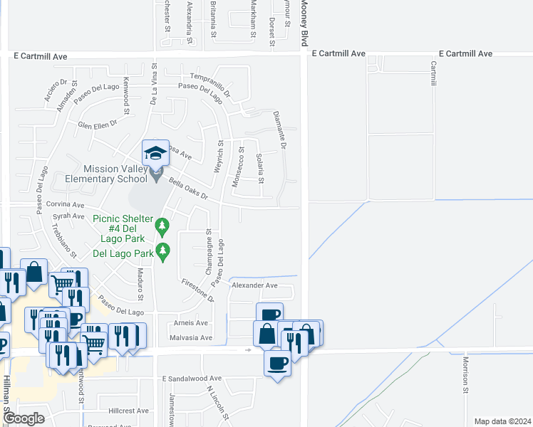 map of restaurants, bars, coffee shops, grocery stores, and more near 2043 Bella Oaks Drive in Tulare