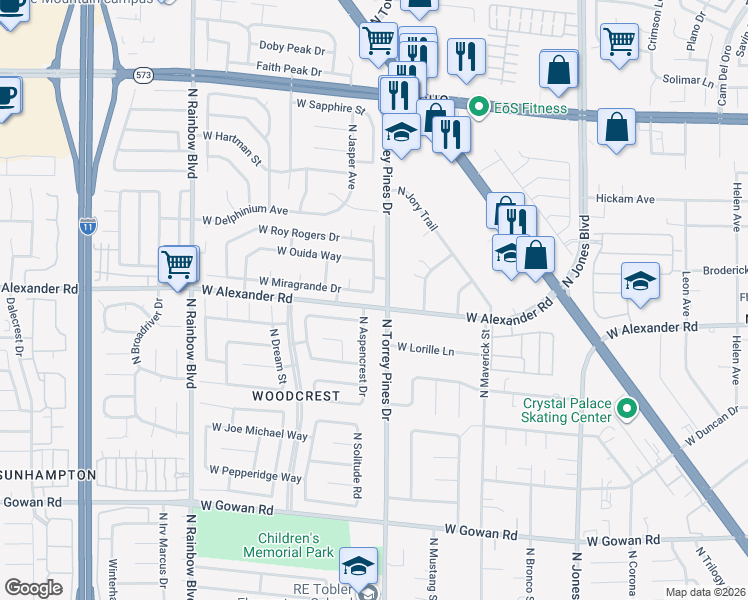 map of restaurants, bars, coffee shops, grocery stores, and more near 6401 West Miragrande Drive in Las Vegas