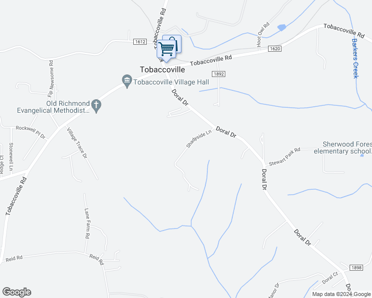 map of restaurants, bars, coffee shops, grocery stores, and more near Shadyside Lane in Tobaccoville