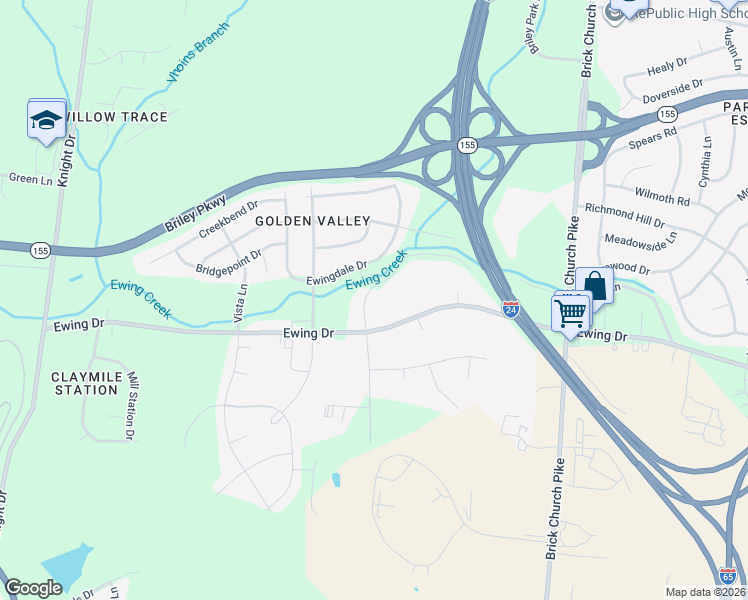 map of restaurants, bars, coffee shops, grocery stores, and more near 456 Ewing Lane in Nashville