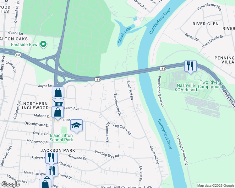 map of restaurants, bars, coffee shops, grocery stores, and more near 4804 Tanglewood Drive in Nashville