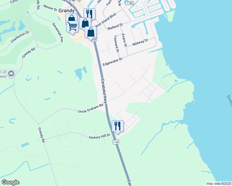 map of restaurants, bars, coffee shops, grocery stores, and more near 105 Soundside Estates Drive in Grandy