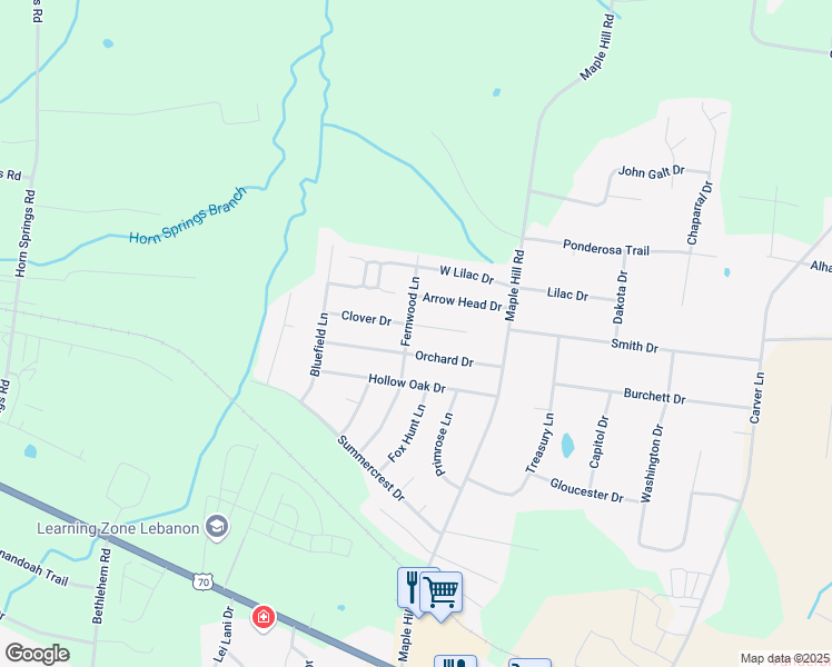 map of restaurants, bars, coffee shops, grocery stores, and more near 1716 Clover Drive in Lebanon