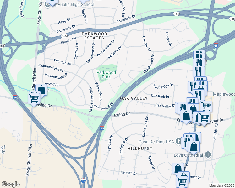 map of restaurants, bars, coffee shops, grocery stores, and more near 322 Park Creek Drive in Nashville