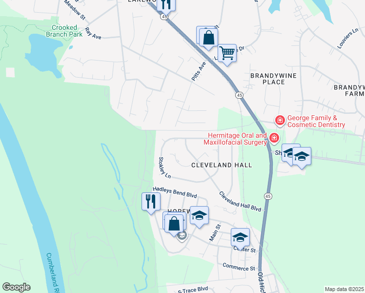 map of restaurants, bars, coffee shops, grocery stores, and more near 1185 Cleveland Hall Boulevard in Nashville