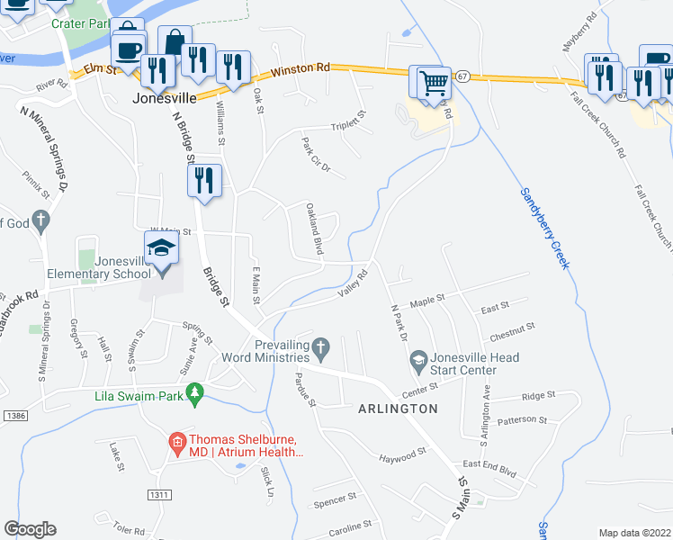 map of restaurants, bars, coffee shops, grocery stores, and more near 203 South Jonesville Boulevard in Jonesville