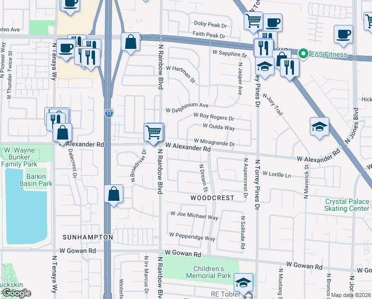map of restaurants, bars, coffee shops, grocery stores, and more near 3941 North Coconut Court in Las Vegas