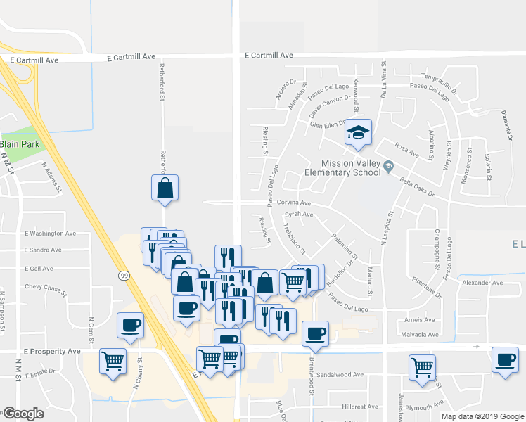 map of restaurants, bars, coffee shops, grocery stores, and more near 1890 Riesling Street in Tulare