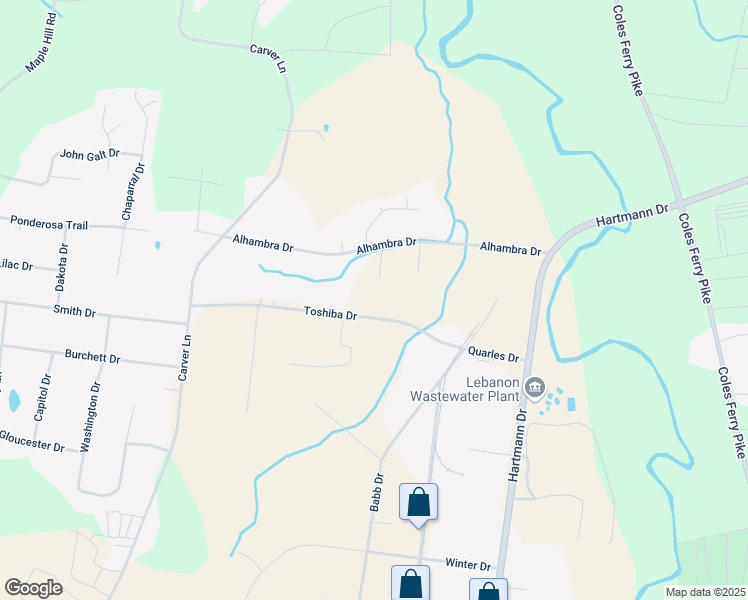 map of restaurants, bars, coffee shops, grocery stores, and more near 1413 Toshiba Drive in Lebanon