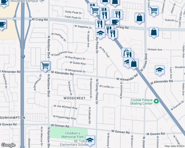 map of restaurants, bars, coffee shops, grocery stores, and more near 6401 West Miragrande Drive in Las Vegas