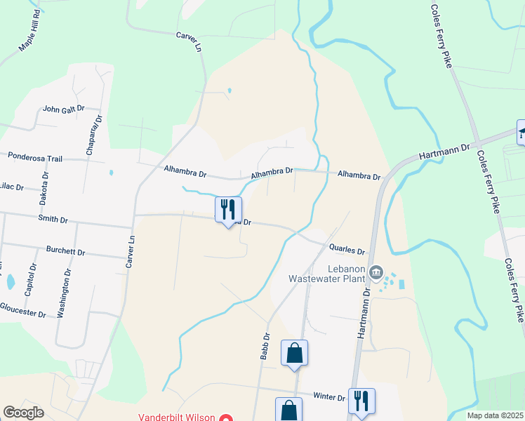 map of restaurants, bars, coffee shops, grocery stores, and more near 1413 Toshiba Drive in Lebanon