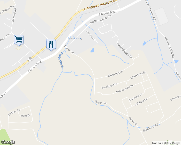 map of restaurants, bars, coffee shops, grocery stores, and more near 374 Dover Road in Morristown