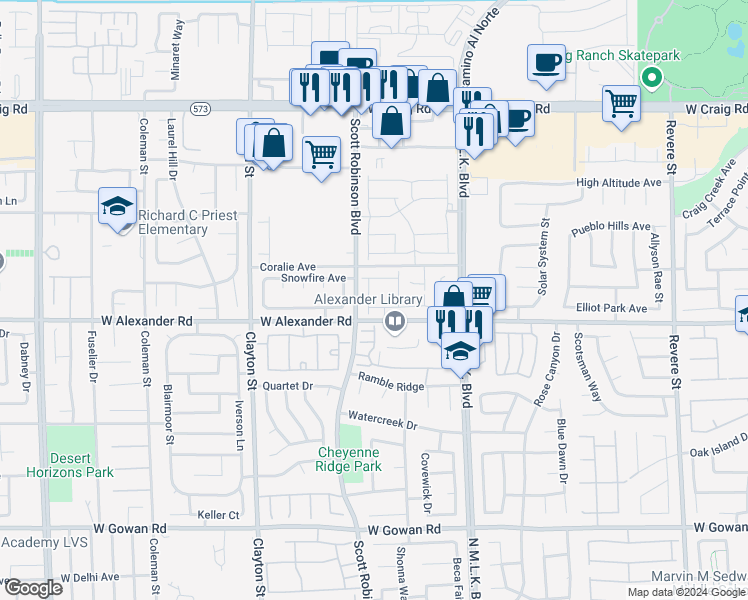 map of restaurants, bars, coffee shops, grocery stores, and more near 4020 Spring Line Street in North Las Vegas